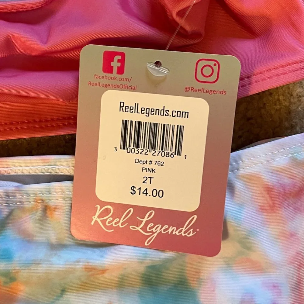NWT Reel Legends girls 2T two-piece swimsuit, pink and tie-dye multi-colored
